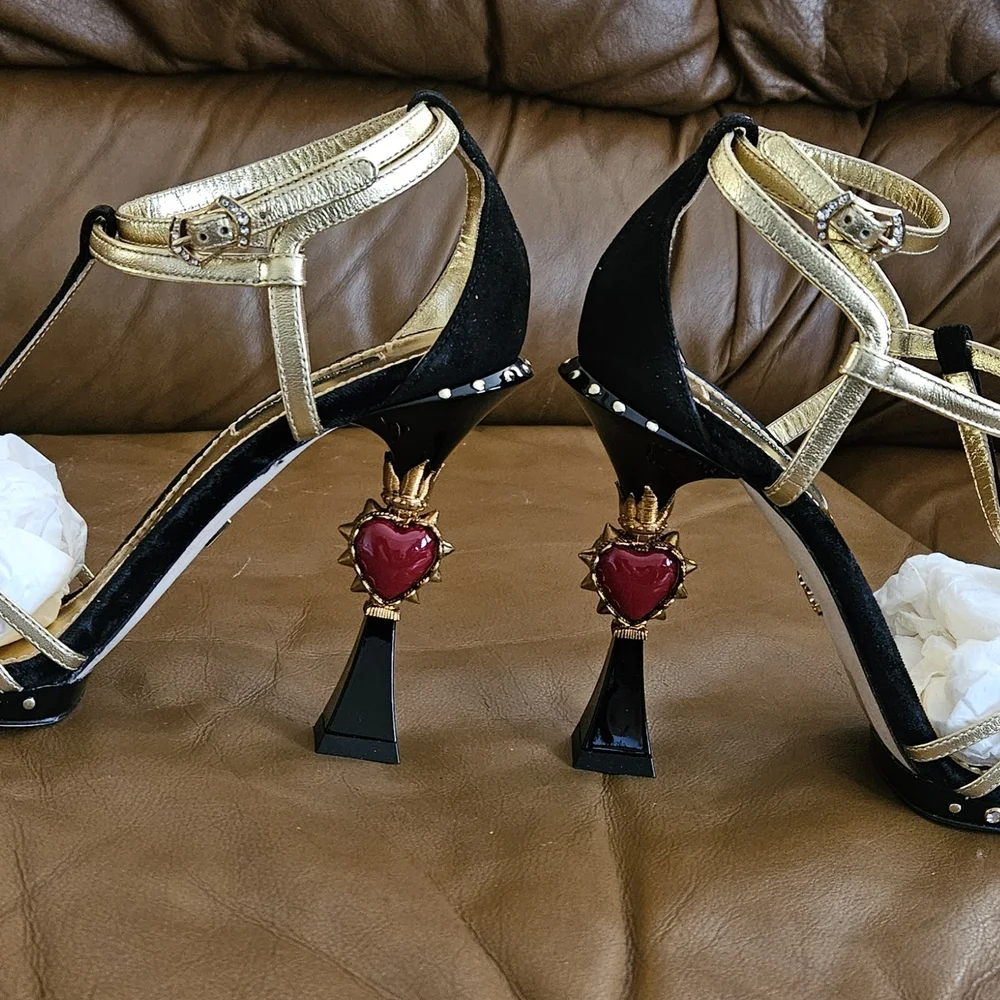 Dolce & Gabbana Black Suede Metallic Gold Leather Luxury Heels Size 8 US (MINT) - Picture 9 of 16